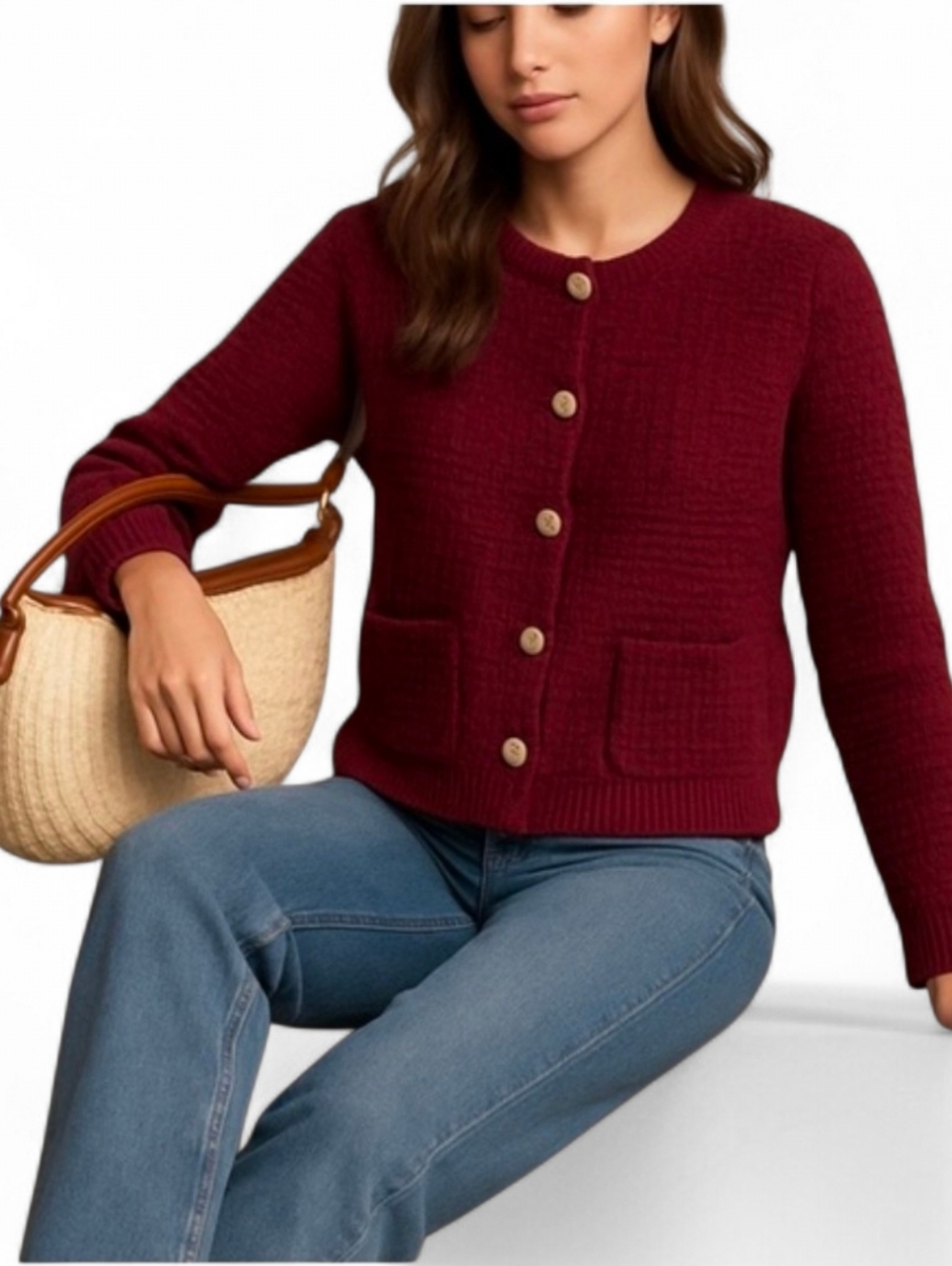 HOUSE OF HARLOW 1960 X REVOLVE Burgundy Chunky Knit Cardigan Gold Buttons - XS